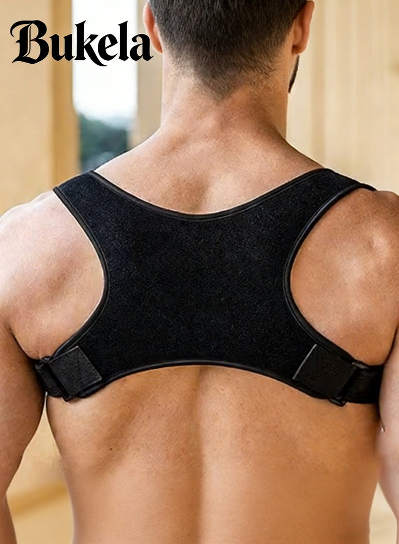 Bukela Adjustable Back Support Belt Posture Corrector for Men Brace and Shoulder Straightening is Made of Strong, Breathable and Comfortable Material for Shoulder Support Men–Universal Fit Upper Back, Shoulder & Clavicle Support, Helps Improve Posture & Relieve Neck, Shoulder & Back Pain (Black) - Image 1